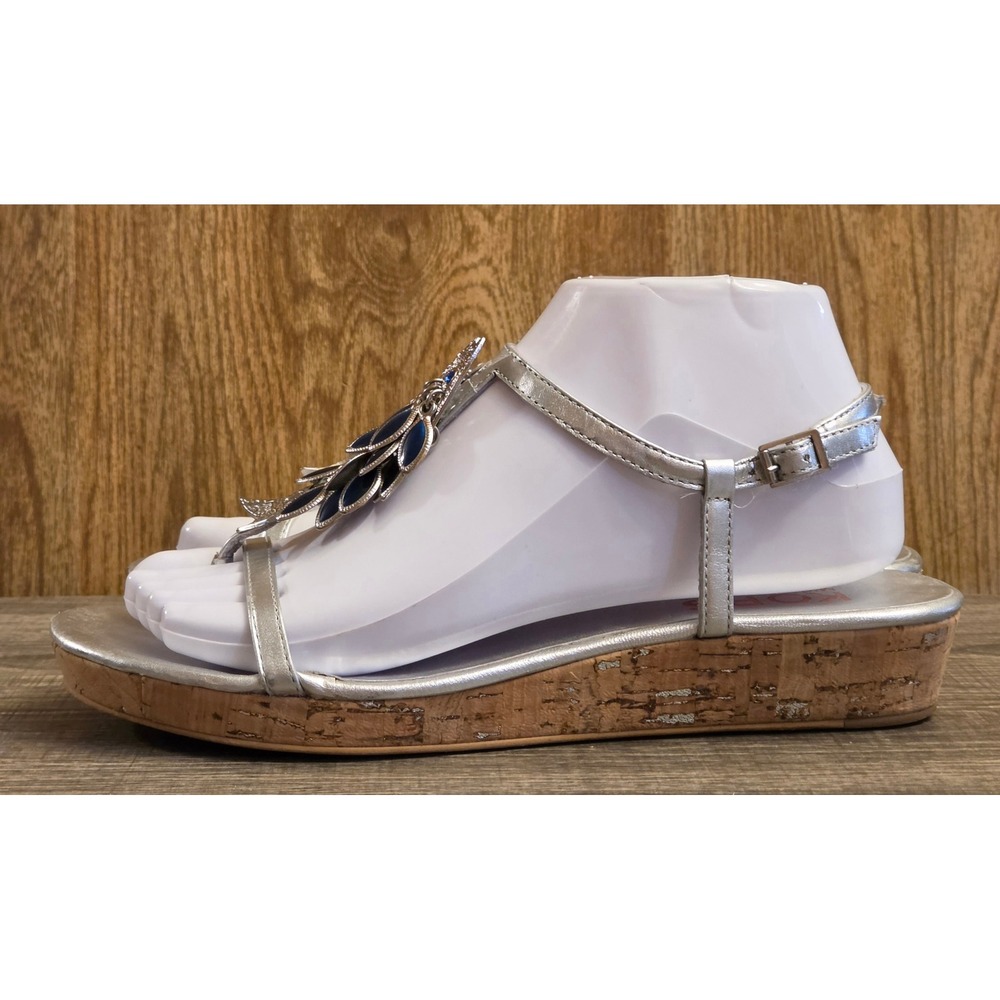 Michael Kors Strappy Sandals Womens Size 7.5 Silver Cork Wedge - Picture 3 of 11